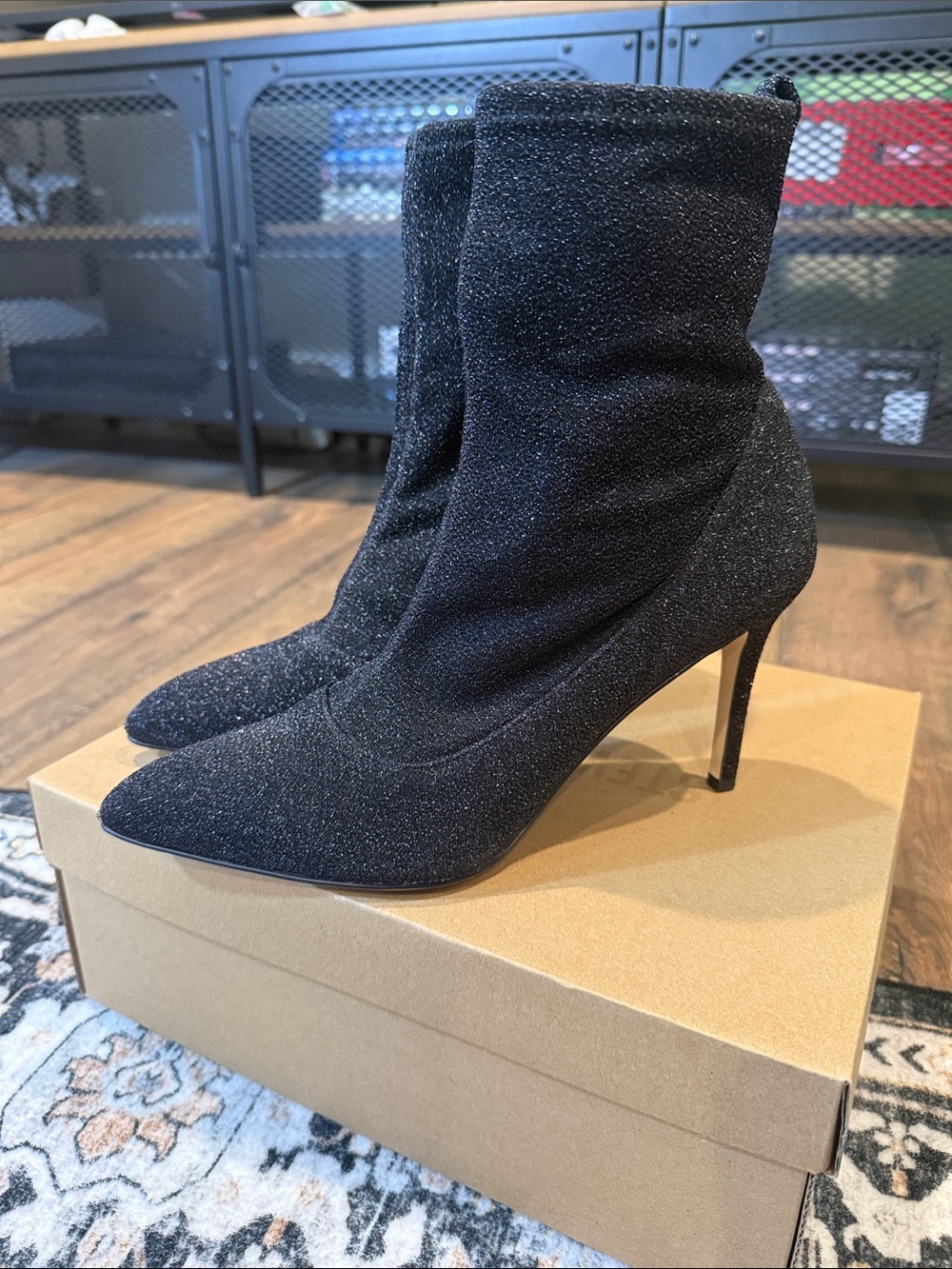 SAM EDELMAN Black Glitter Pointed Toe Stiletto Ankle Boots